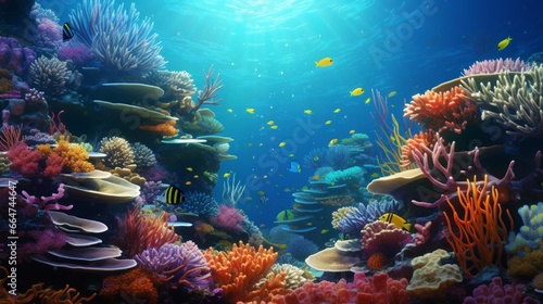 A colorful coral reef teeming with exotic marine life, set against the backdrop of the deep blue ocean.