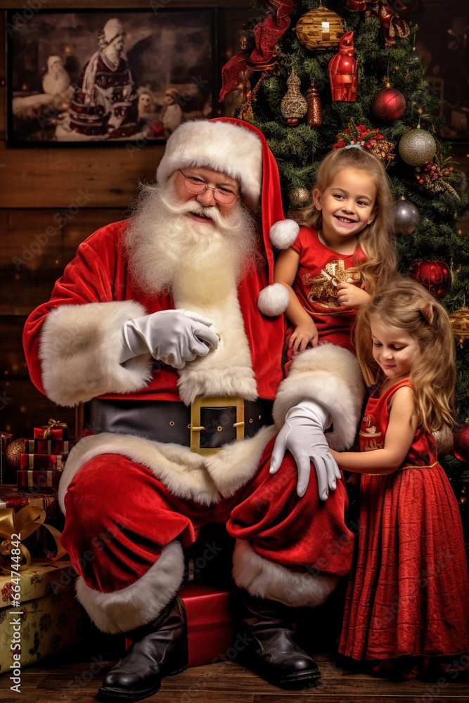 Santa Claus sitting in a chair with a little girl.