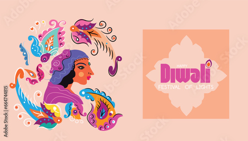 Traditional Indian festival Diwali. Happy Festival of lights Deepavali Template banner, poster, greeting card Festive Burning diya graphic design background Vector abstract flat illustration