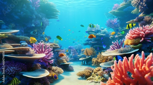 A colorful coral reef teeming with exotic marine life  set against the backdrop of the deep blue ocean.