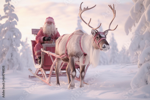 Santa Claus and his reindeer in forest. © NaLan