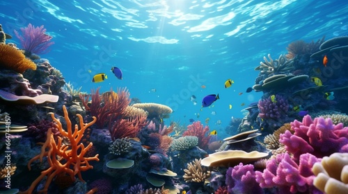 A colorful coral reef teeming with exotic marine life  set against the backdrop of the deep blue ocean.