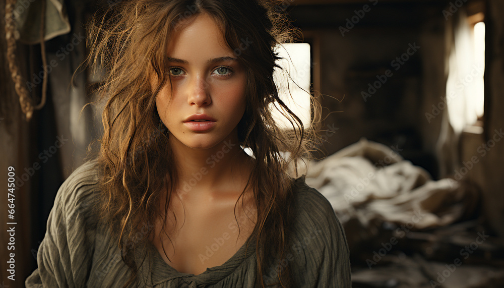 A beautiful young woman with long brown hair, looking at camera generated by AI A beautiful young woman with long brown hair, looking at camera generated by AI