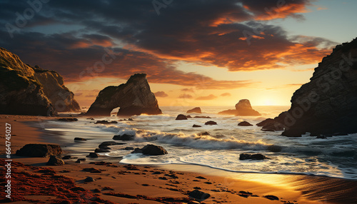 Sunset over the coastline, rocks and cliffs create a majestic landscape generated by AI