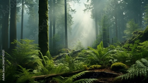 A dense  emerald forest shrouded in a gentle morning fog  with towering trees and a carpet of ferns.