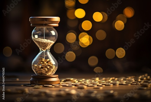 Time is money concept, hourglass with golden coins on bokeh background