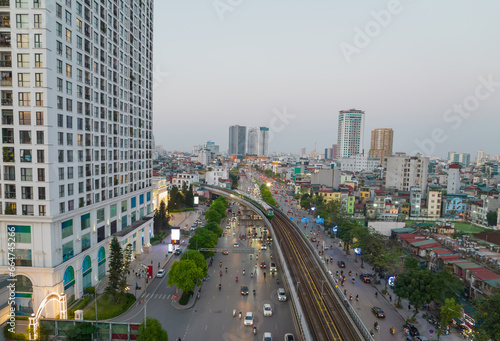 Hanoi skyline cityscape on Thanh Xuan street with Cat Linh - Ha Dong elevated railway