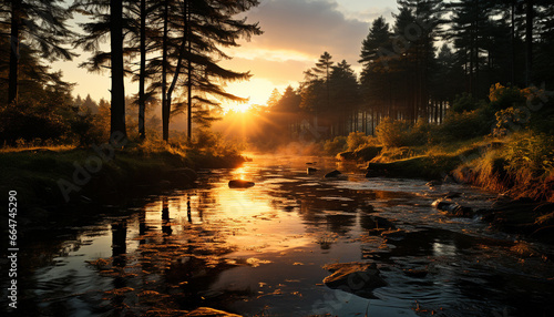 Tranquil scene sunset reflects on water, nature beauty in autumn generated by AI