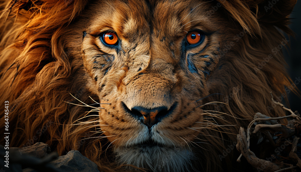 Fototapeta premium Majestic lion, feline beauty, staring with alertness in nature wilderness generated by AI