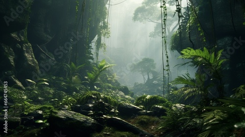 A dense  primeval jungle with towering ferns and prehistoric-looking plants  hidden by mist.