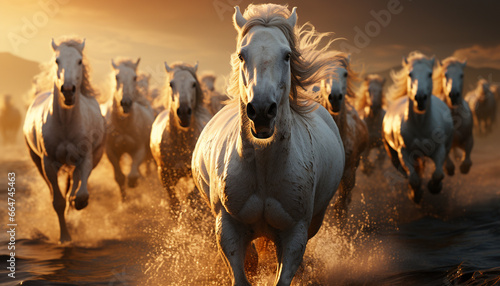 Running stallions in a meadow  racing towards the setting sun generated by AI