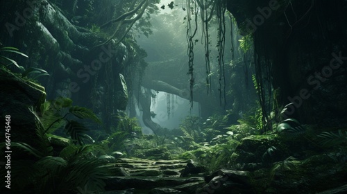 A dense  primeval jungle with towering ferns and prehistoric-looking plants  hidden by mist.