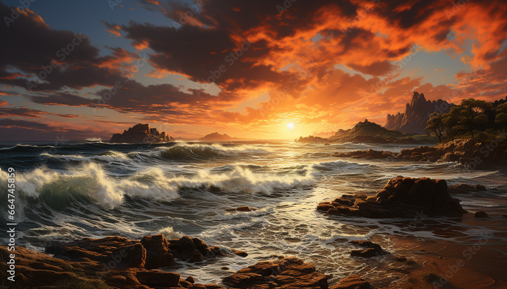 Sunset over the water, waves breaking on the tranquil coastline generated by AI