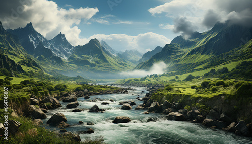 Tranquil scene of majestic mountain peak reflected in flowing water generated by AI