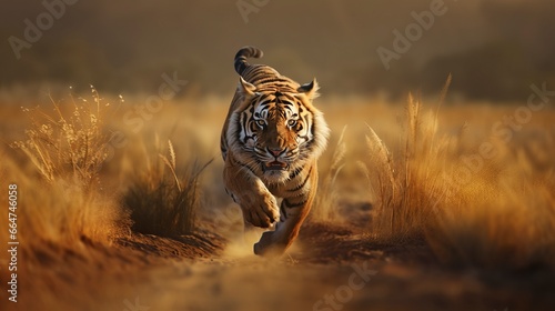 A majestic tiger sprints across the vast African Savannah, embodying strength, grace, and the untamed beauty of the wilderness 