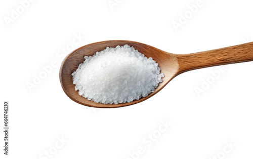 White Salt on Brown Spoon on White or PNG Transparent Background.
