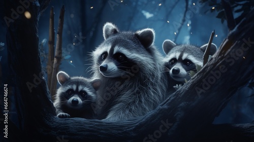 A family of inquisitive raccoons exploring a moonlit forest, their eyes glinting with curiosity.