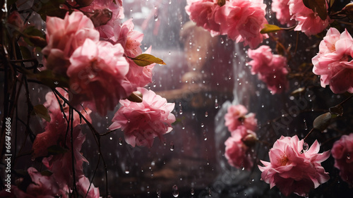 An assortment of many beautiful flowers in rain