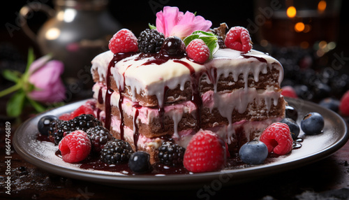 Freshness and sweetness on a plate, homemade berry cheesecake indulgence generated by AI