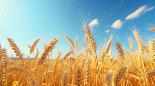 A golden field of wheat swaying in the breeze under a clear, azure sky.