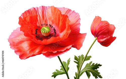 Poppy Rare Flower Red Color In Realistic Close Up on White or PNG Transparent Background.