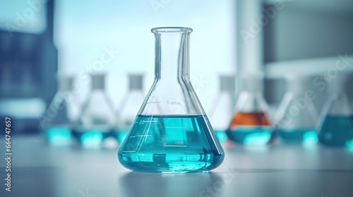 A Science Beaker in the laboratory on a table white and light blue background.. laboratory equipment out of focus.