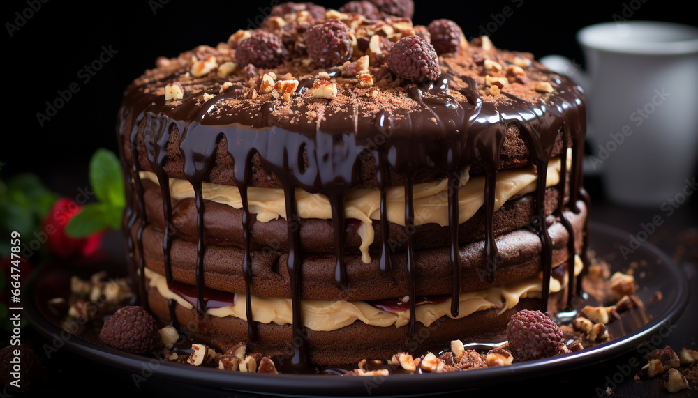 A plate of homemade dark chocolate fudge with raspberry decoration generated by AI A plate of homemade dark chocolate fudge with raspberry decoration generated by AI