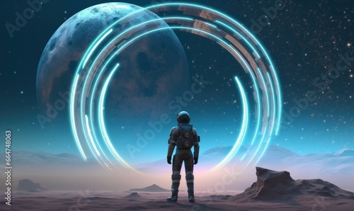 Astronaut in front of dimensional portal.