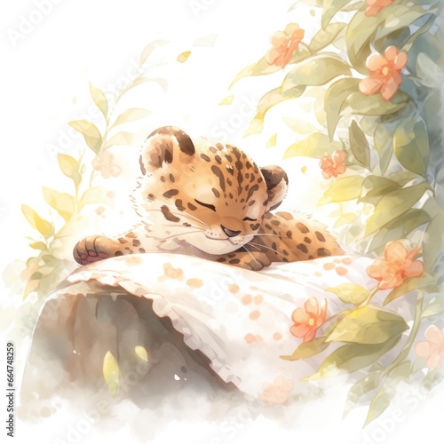 A sleepy baby leopard in a bedding  watercolor illustration.