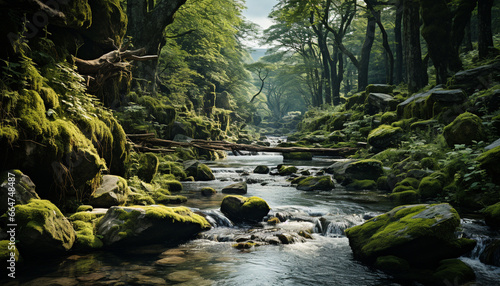 Tranquil scene of a wet forest with flowing water and green leaves generated by AI