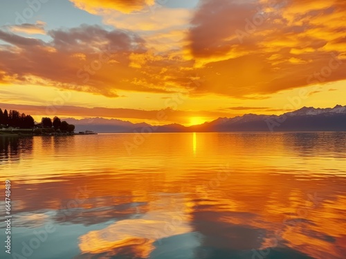 Bright sunset over Lake golden clouds reflect in the water.