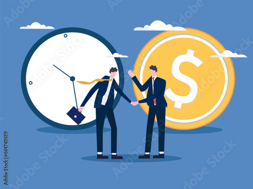 Time is money, long-term return on investment, pension fund concept, interest income from investments or deposits, time to receive money, hourly wages, men rolling watches and coin towards each other.