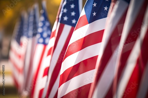 Closeup of an American flag in a row.