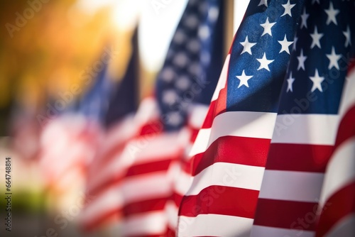 Closeup of an American flag in a row.