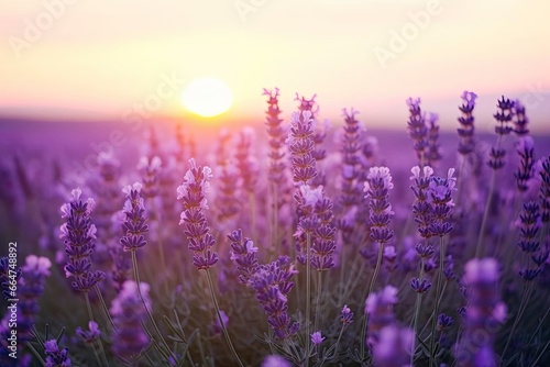 Close up lavender flowers in beautiful field at sunset. © Md