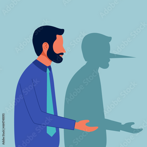 Businessman with shadow of long lie nose in flat design. Business male cheater liar. Betray dishonest person.