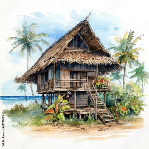 A watercolored bright serene image of a traditional bahay kubo.