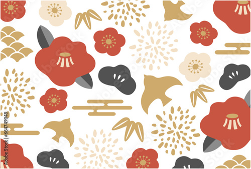 和柄の花と松竹梅のポップなフラットデザイン。ベクターイラストの背景。