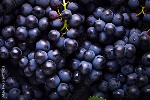 Flat lay background of vines, lots of organic blue dark grapes.