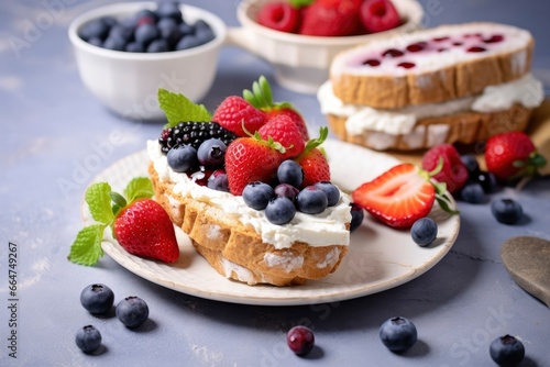 Fresh breakfast with Blueberry  Strawberry  raspberry ricotta rye sandwiches.