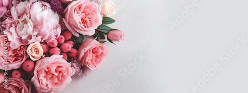 Fresh bunch of pink peonies and roses with copy space. © Md