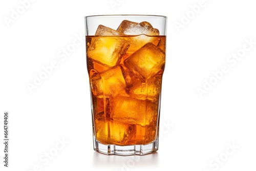 A glass of orange soda water with ice cubes on white background. © Md