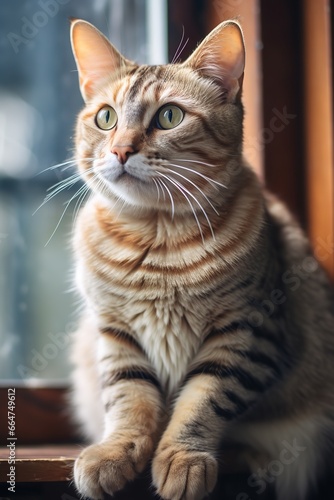 A striped tabby cat sitting on a windowsill, looking out the window at a bird feeder. The cat is sitting with its back to the camera, and its tail is wrapped around its paws.
