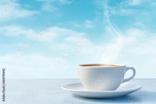 Hot coffee with smoke in the morning under blue sky.