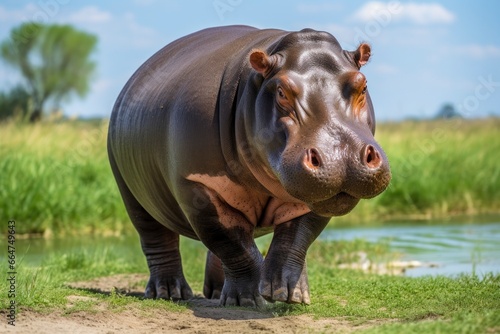 Hippopotamus Walking in a green field. © Md
