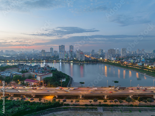Hanoi skyline cityscape at sunset in Linh Dam, Hoang Mai district