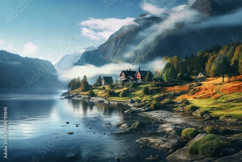 Breathtaking scenery of a beautiful Scandinavian home in a Norwegian village with a misty fjord in the morning. Generative AI photo