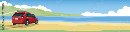 SUV red car parking lot on the beach for banner. Family car for travel. Park at the beach to admire the scenery. On the roof there is a luggage rack and surfboard. Copy Space Flat Vector Illustration.
