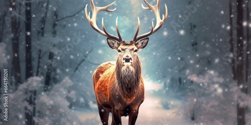 Noble deer male in the winter snow forest. Artistic winter Christmas landscape. © Md