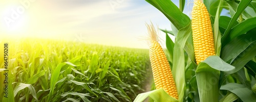 Closeup corn cobs in corn plantation field. © Md